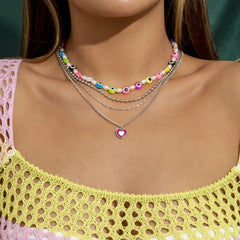 Pearl & Vibrant Acrylic Beaded Eye Heart Pendant Necklace Set