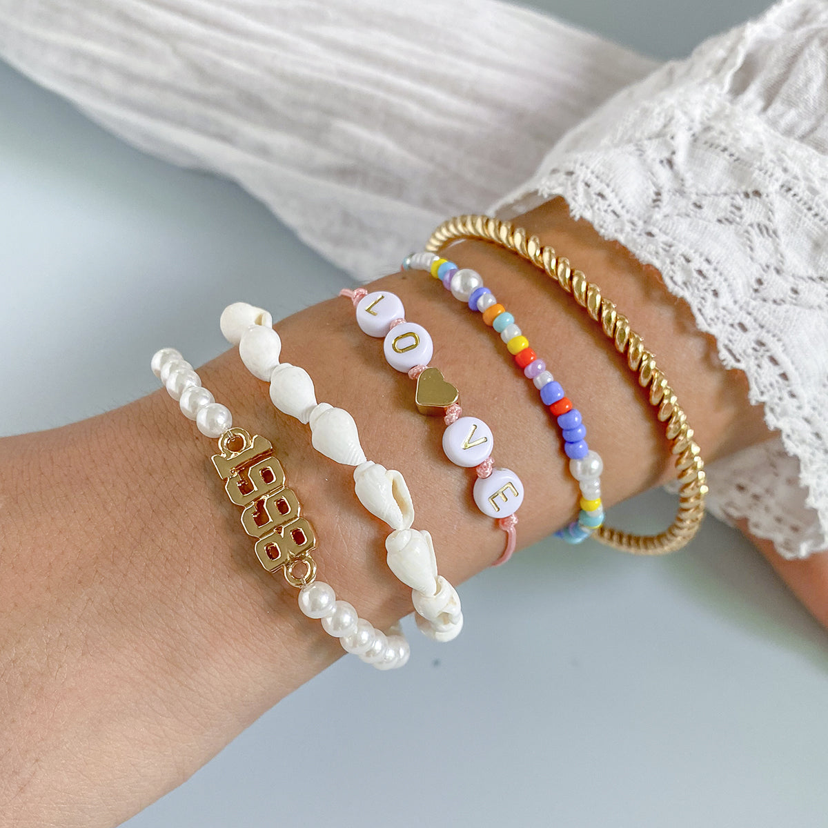 White Pearl & Shell 18K Gold-Plated 'Love' Bracelet Set