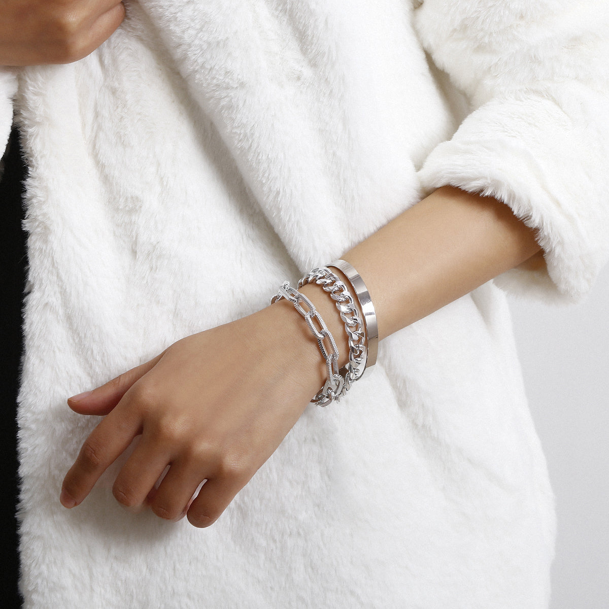 Silver-Plated Chain Link Bracelet Set, jewelry gift sets for women, everyday style, front view