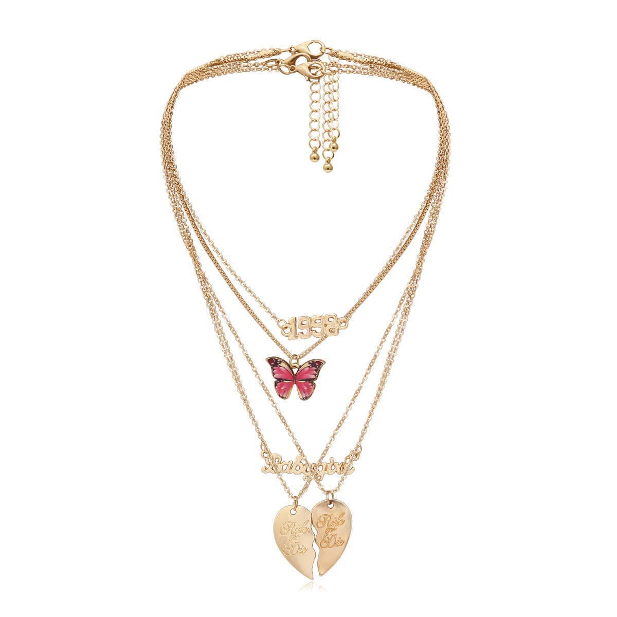 Pink Enamel & 18K Gold-Plated Butterfly & Heart Pendant Necklace Set