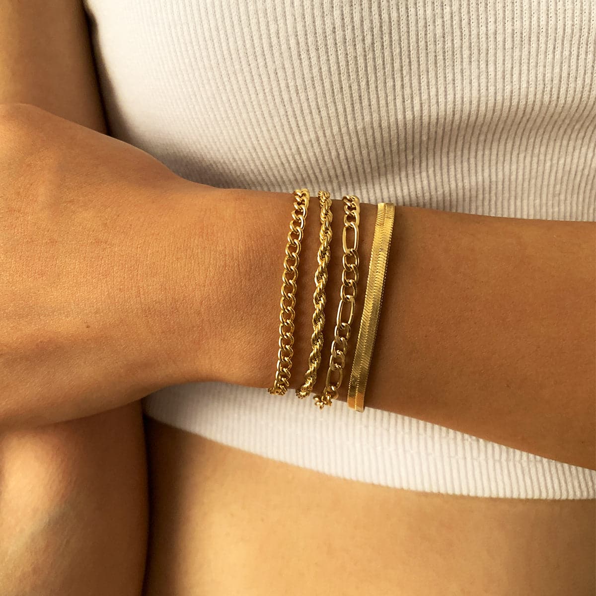 18K Gold-Plated Snake and Wheat Chain Bracelet Set, jewelry gift sets for women, everyday style, front view