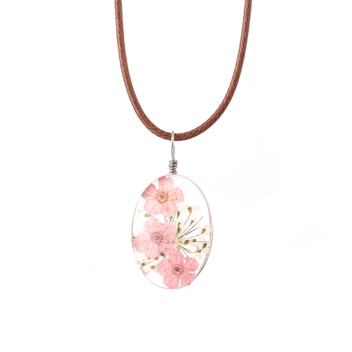 Pink Peach Blossom Oval Pendant Necklace