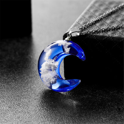 Blue Resin and Silver-Plated Moon Pendant Necklace, silver pendant necklace for women, elegant gift for her, front view