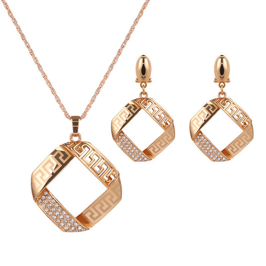 Cubic Zirconia and 18K Gold-Plated Geometric Pendant Necklace and Drop Earrings, gold drop earrings for women, front view