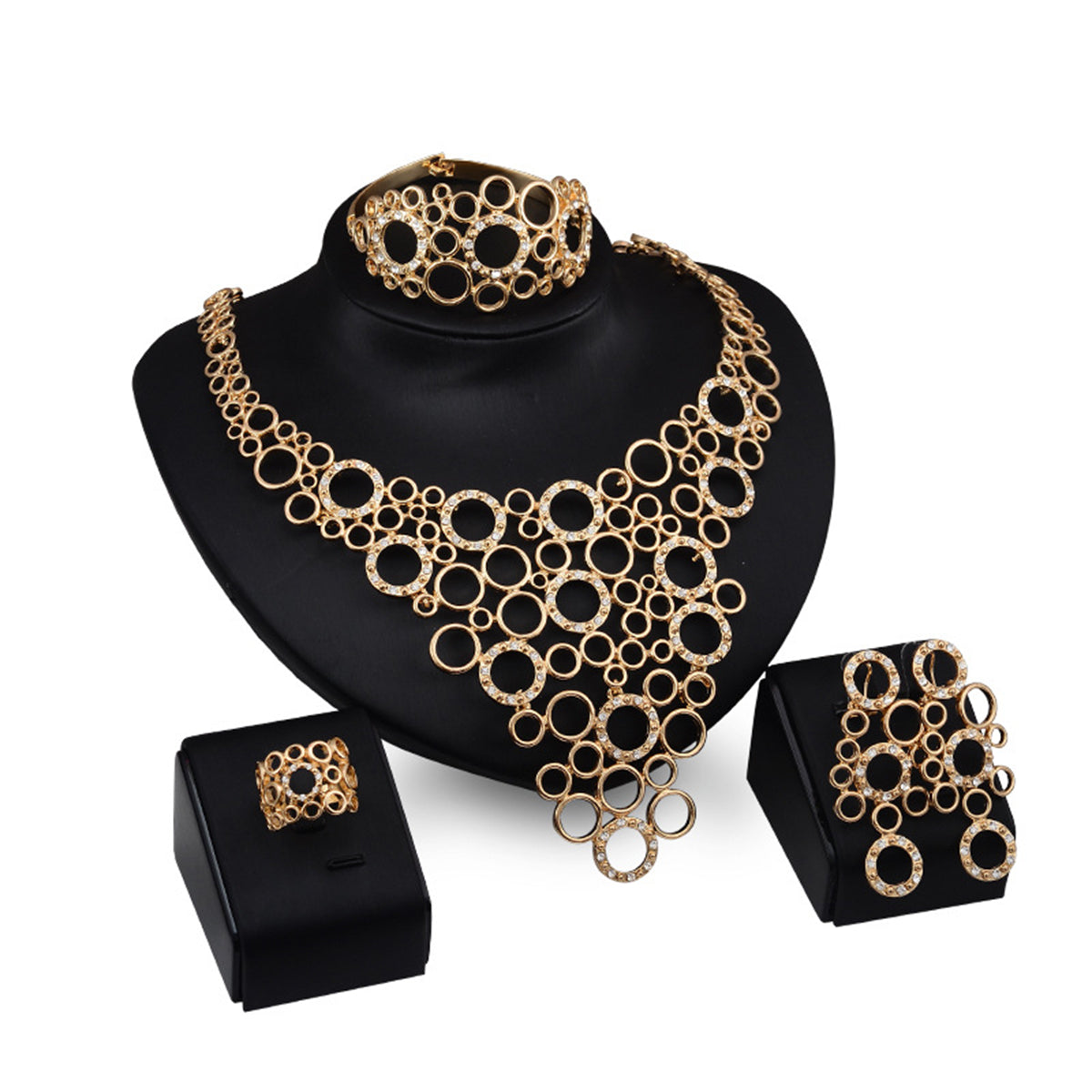 Cubic Zirconia and 18K Gold-Plated Multi-Circle Statement Necklace Set, gold drop earrings for women, front view