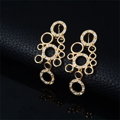 Cubic Zirconia and 18K Gold-Plated Multi-Circle Statement Necklace Set, gold drop earrings for women, detail close-up