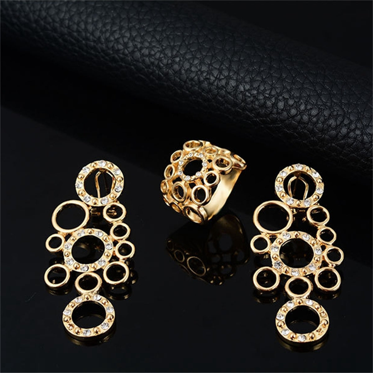 Cubic Zirconia and 18K Gold-Plated Multi-Circle Statement Necklace Set, gold drop earrings for women, lifestyle look