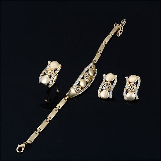 Cubic Zirconia and 18K Gold-Plated Round Flower Necklace Set, gold stud earrings for women, elegant gift for her, front view
