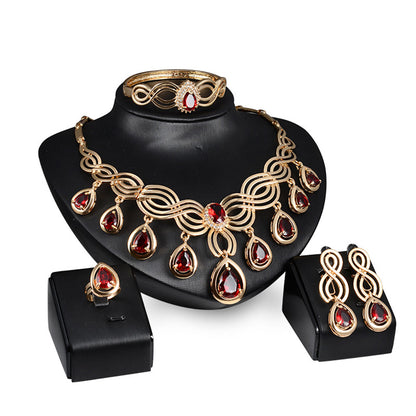 Red Crystal and 18K Gold-Plated Cubic Zirconia-Accent Teardrop Statement Necklace Set, gold drop earrings for..., front view
