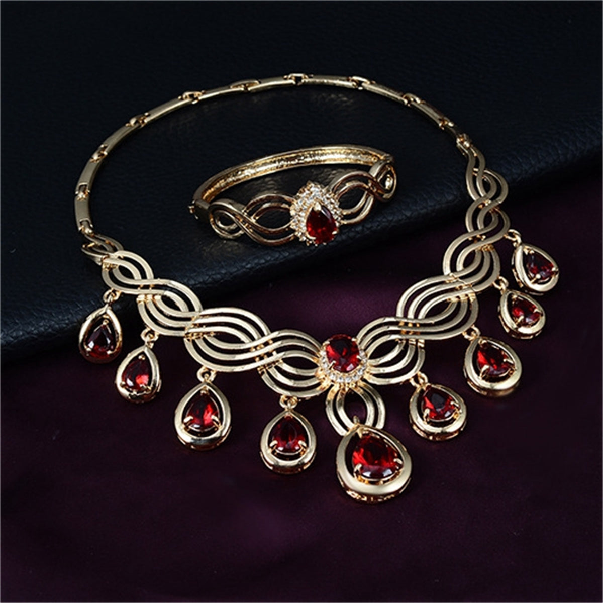 Red Crystal and 18K Gold-Plated Cubic Zirconia-Accent Teardrop Statement Necklace Set, gold drop earrings for..., side view