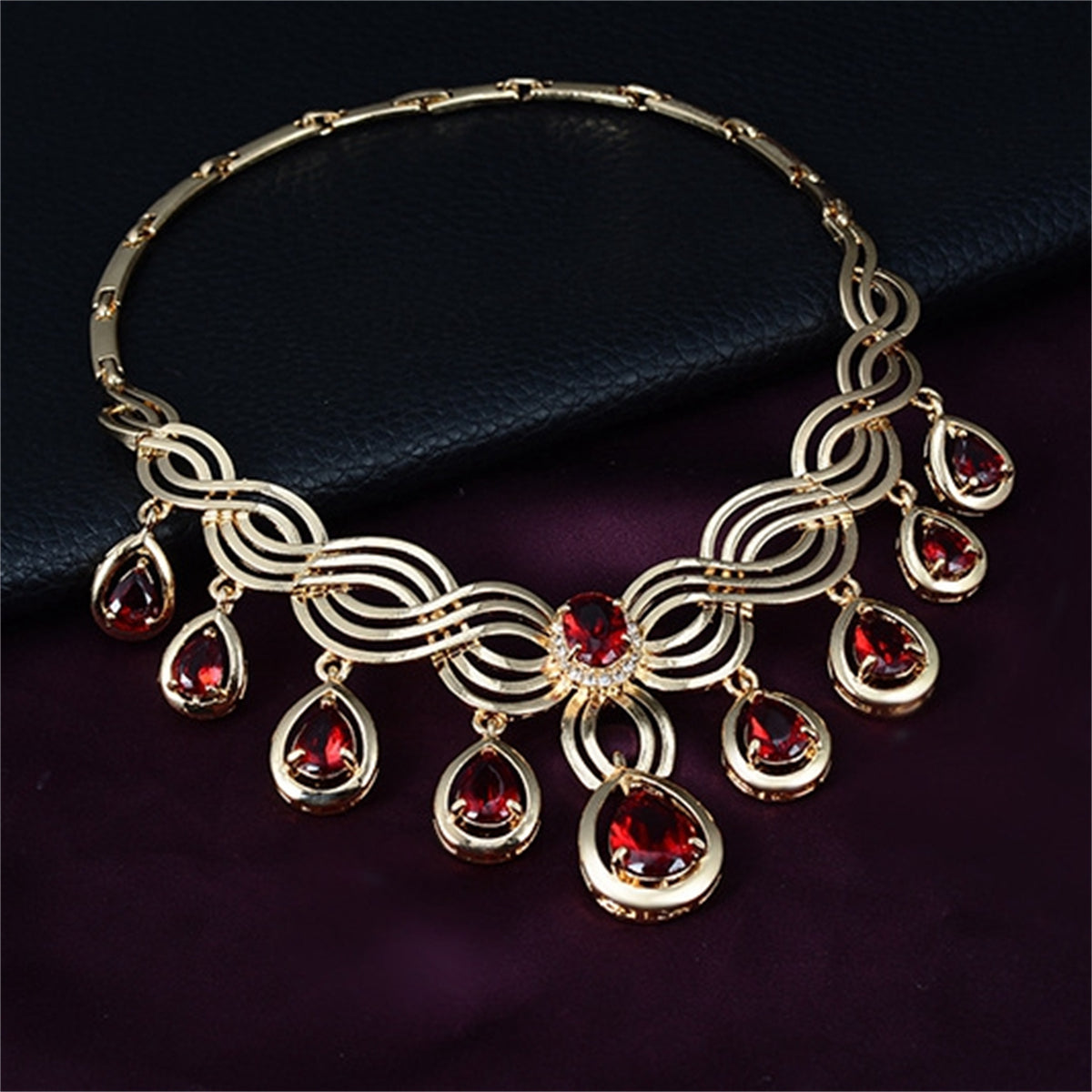Red Crystal and 18K Gold-Plated Cubic Zirconia-Accent Teardrop Statement Necklace Set, gold drop..., detail close-up