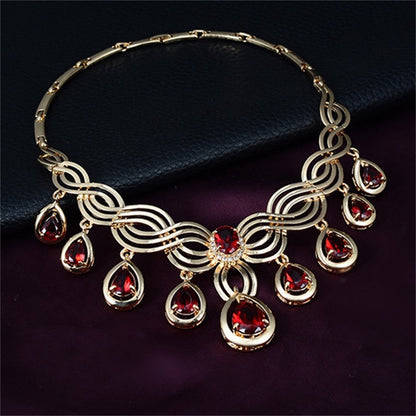 Red Crystal and 18K Gold-Plated Cubic Zirconia-Accent Teardrop Statement Necklace Set, gold drop..., detail close-up