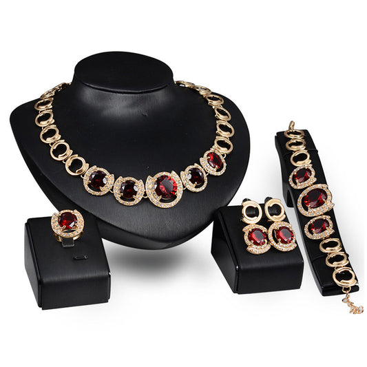 Red Crystal and 18K Gold-Plated Cubic Zirconia-Accent Halo Round Station Necklace Set, gold drop earrings for..., front view