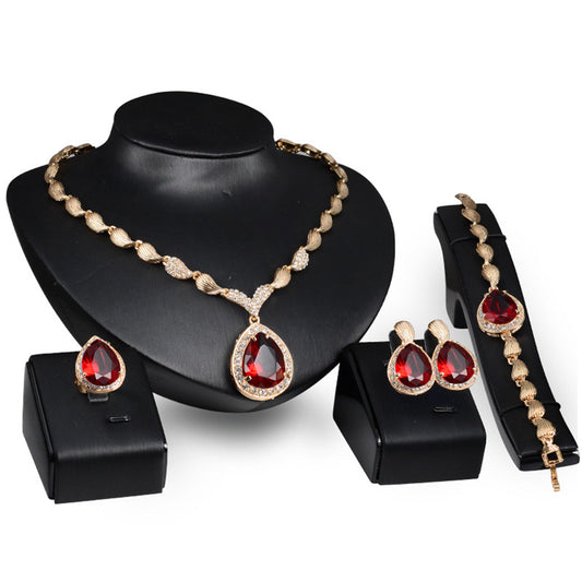 Red Crystal and 18K Gold-Plated Cubic Zirconia-Accent Halo Teardrop Pendant Necklace Set, gold drop earrings..., front view