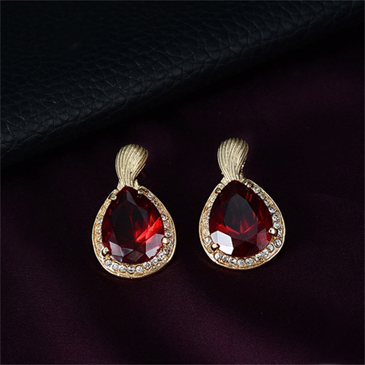 Red Crystal & 18K Gold-Plated Cubic Zirconia-Accent Halo Teardrop Pendant Necklace Set