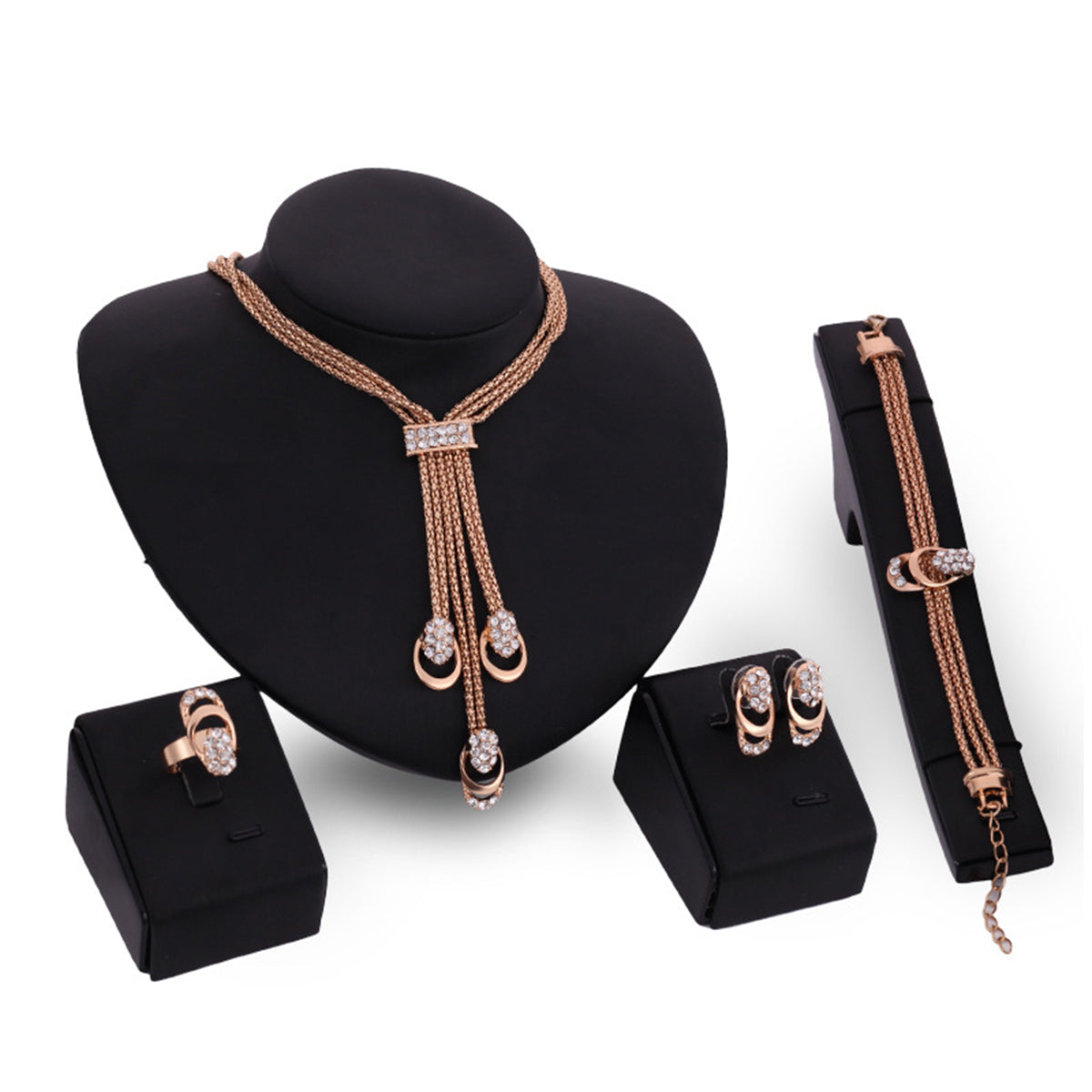 Cubic Zirconia and 18K Gold-Plated Tassel Pendant Necklace Set, gold drop earrings for women, everyday style, front view