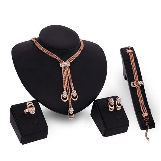 Cubic Zirconia and 18K Gold-Plated Tassel Pendant Necklace Set, gold drop earrings for women, everyday style, front view