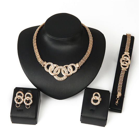 Cubic Zirconia and 18K Gold-Plated Interlocked Circle Statement Necklace Set, gold drop earrings for women, front view