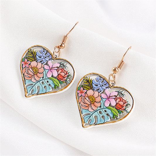 Blue Wood and 18K Gold-Plated Floral Heart Drop Earrings, gold drop earrings for women, vintage-inspired design, front view