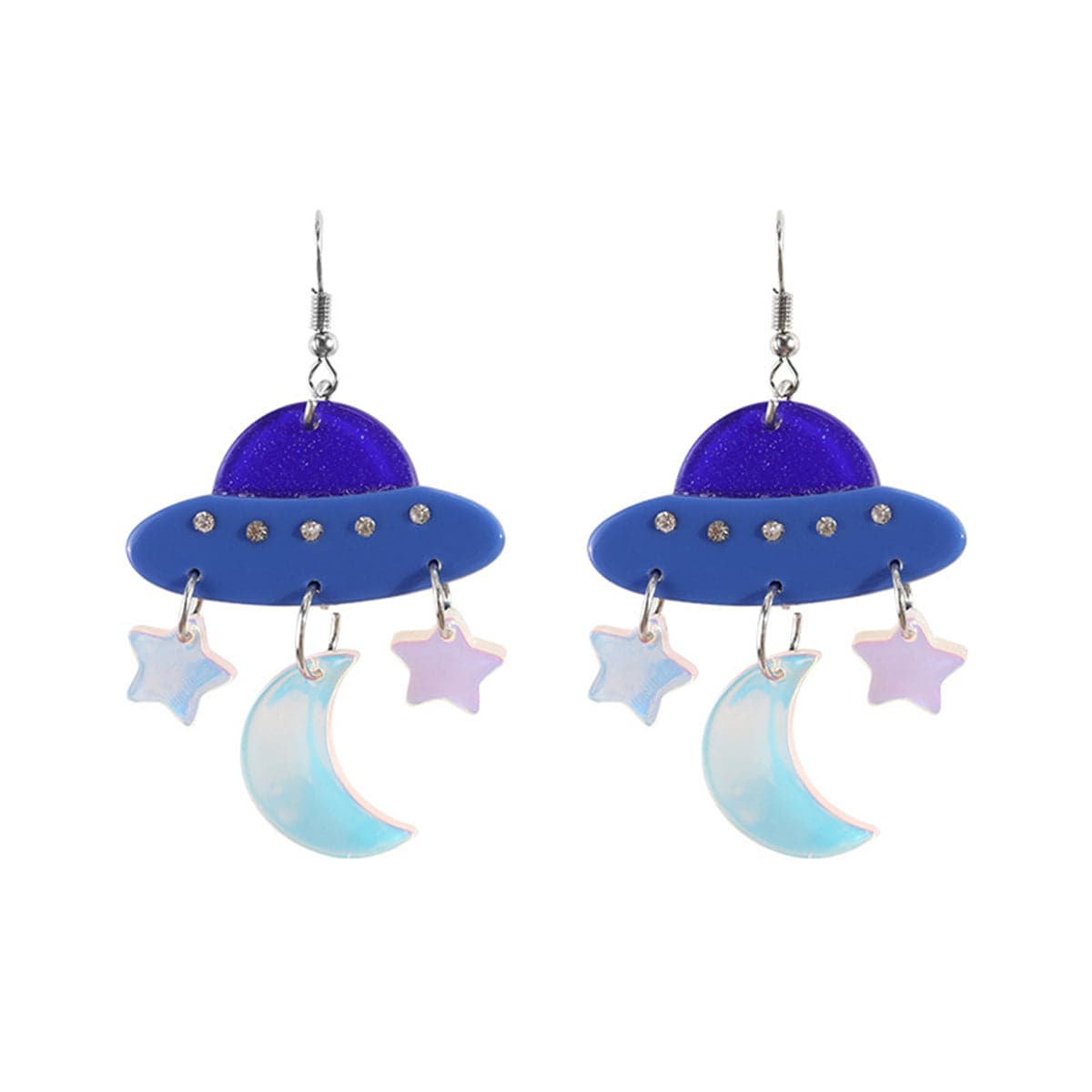 Blue Cubic Zirconia UFO Celestial Drop Earrings, drop earrings for women, dainty minimalist design, lifestyle look
