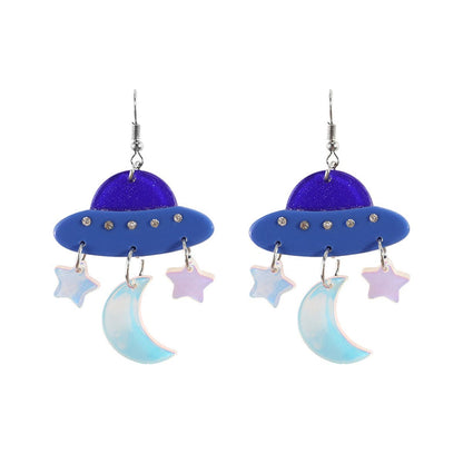 Blue Cubic Zirconia UFO Celestial Drop Earrings, drop earrings for women, dainty minimalist design, lifestyle look