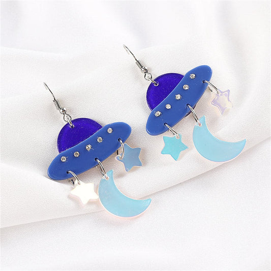 Blue Cubic Zirconia UFO Celestial Drop Earrings, drop earrings for women, dainty minimalist design, front view