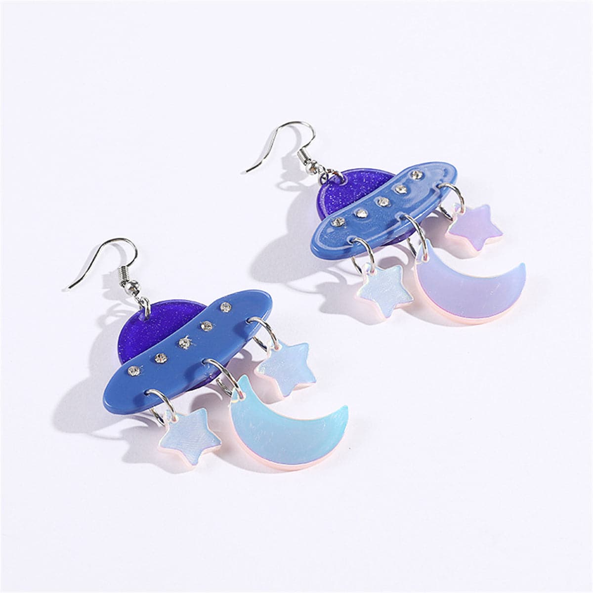 Blue Cubic Zirconia UFO Celestial Drop Earrings, drop earrings for women, dainty minimalist design, detail close-up