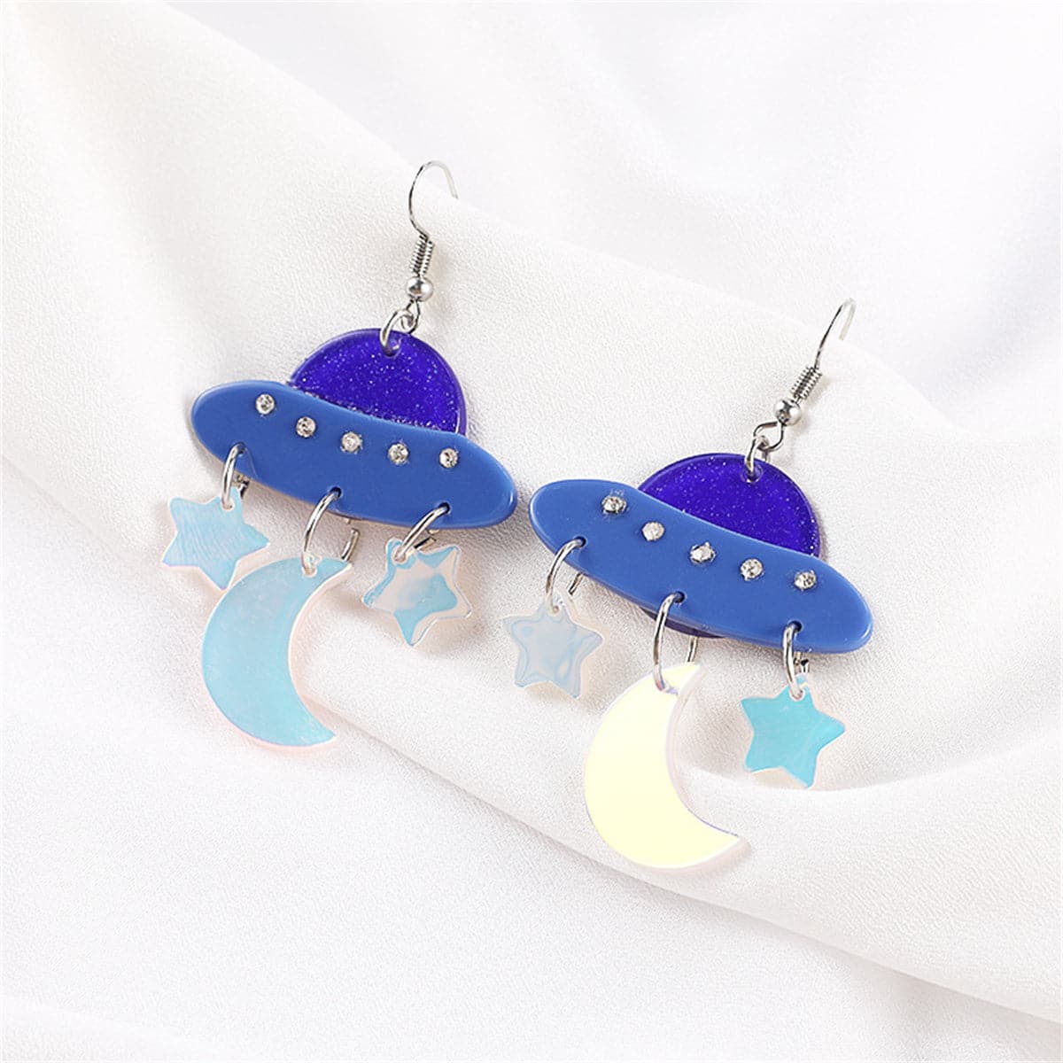 Blue Cubic Zirconia UFO Celestial Drop Earrings, drop earrings for women, dainty minimalist design, side view