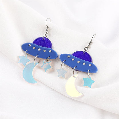 Blue Cubic Zirconia UFO Celestial Drop Earrings, drop earrings for women, dainty minimalist design, side view