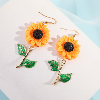 Yellow and Green Sunflower Drop Earrings, drop earrings for women, elegant gift for her, front view