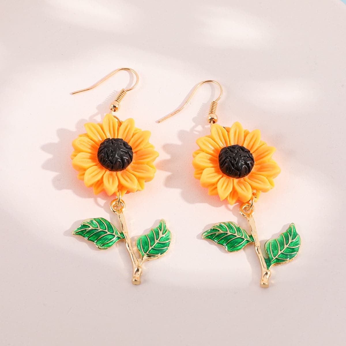 Yellow and Green Sunflower Drop Earrings, drop earrings for women, elegant gift for her, side view