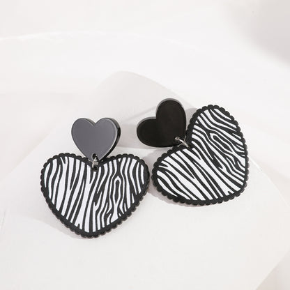 Black Acrylic and Silver-Plated Zebra Stripe Heart Drop Earrings, silver drop earrings for women, everyday style, front view