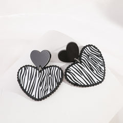 Black Acrylic & Silver-Plated Zebra Stripe Heart Drop Earrings