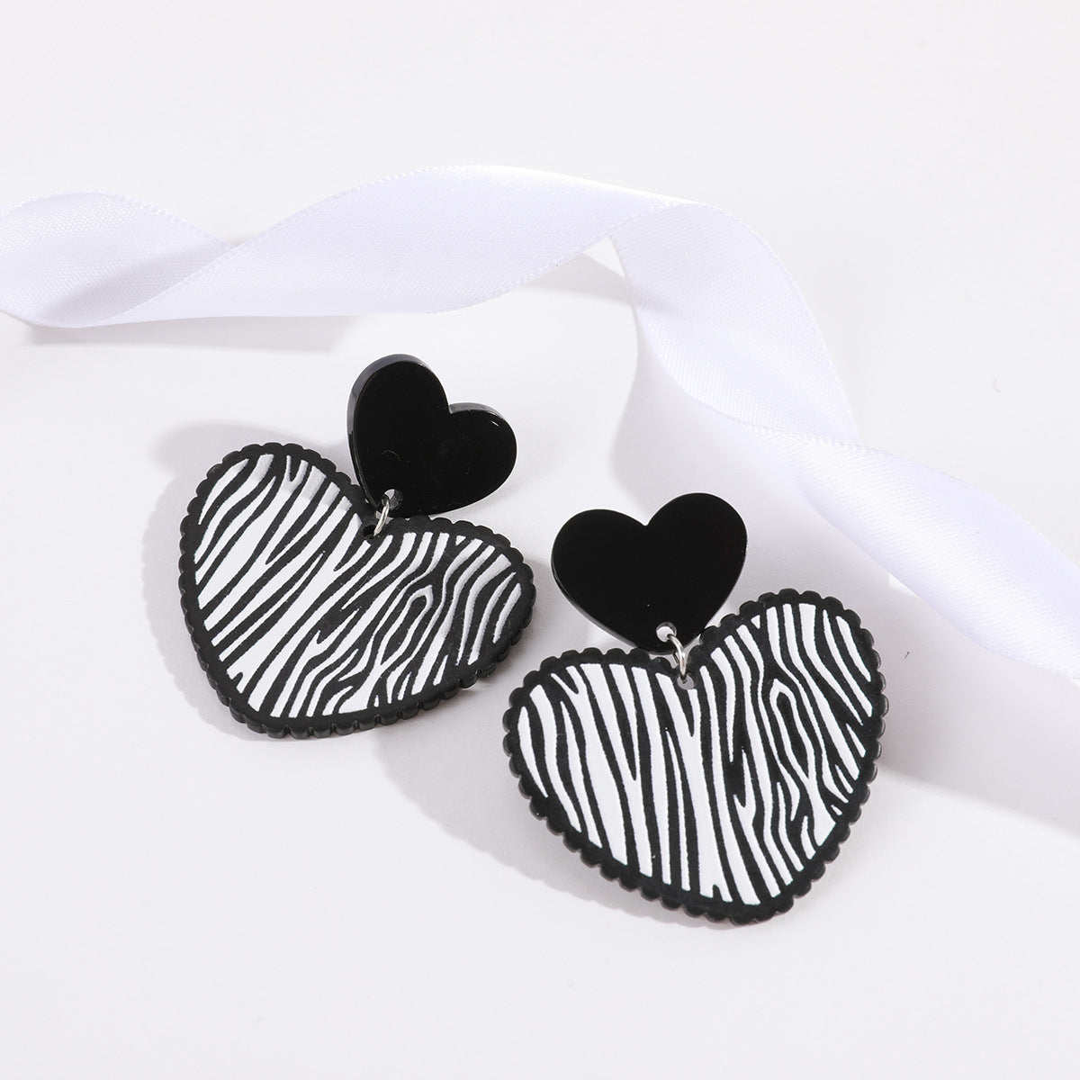 Black Acrylic & Silver-Plated Zebra Stripe Heart Drop Earrings