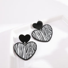 Black Acrylic & Silver-Plated Zebra Stripe Heart Drop Earrings