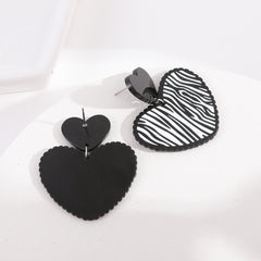 Black Acrylic & Silver-Plated Zebra Stripe Heart Drop Earrings