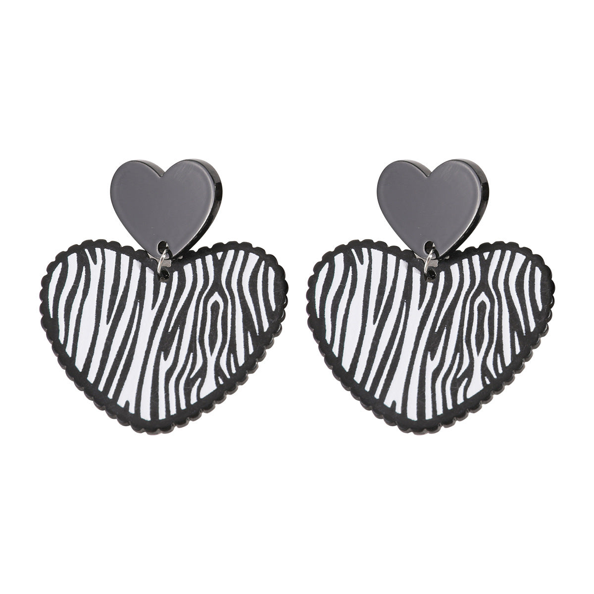 Black Acrylic & Silver-Plated Zebra Stripe Heart Drop Earrings