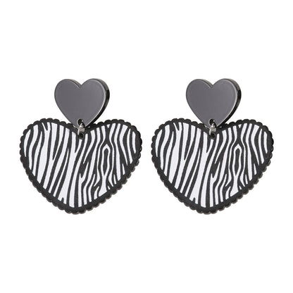 Black Acrylic and Silver-Plated Zebra Stripe Heart Drop Earrings, silver drop earrings for women, everyday style, styled look