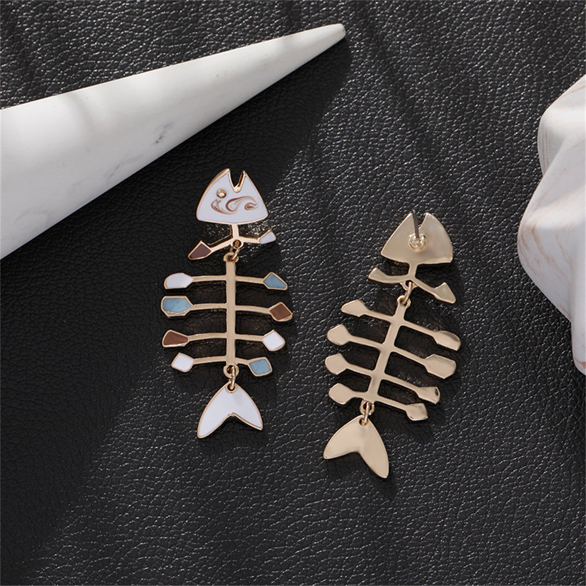 White Enamel & 18K Gold-Plated Fish Bone Drop Earrings