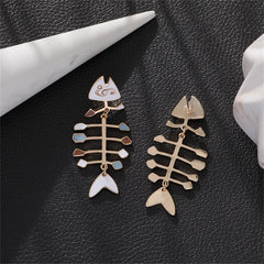 White Enamel & 18K Gold-Plated Fish Bone Drop Earrings