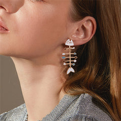 White Enamel & 18K Gold-Plated Fish Bone Drop Earrings