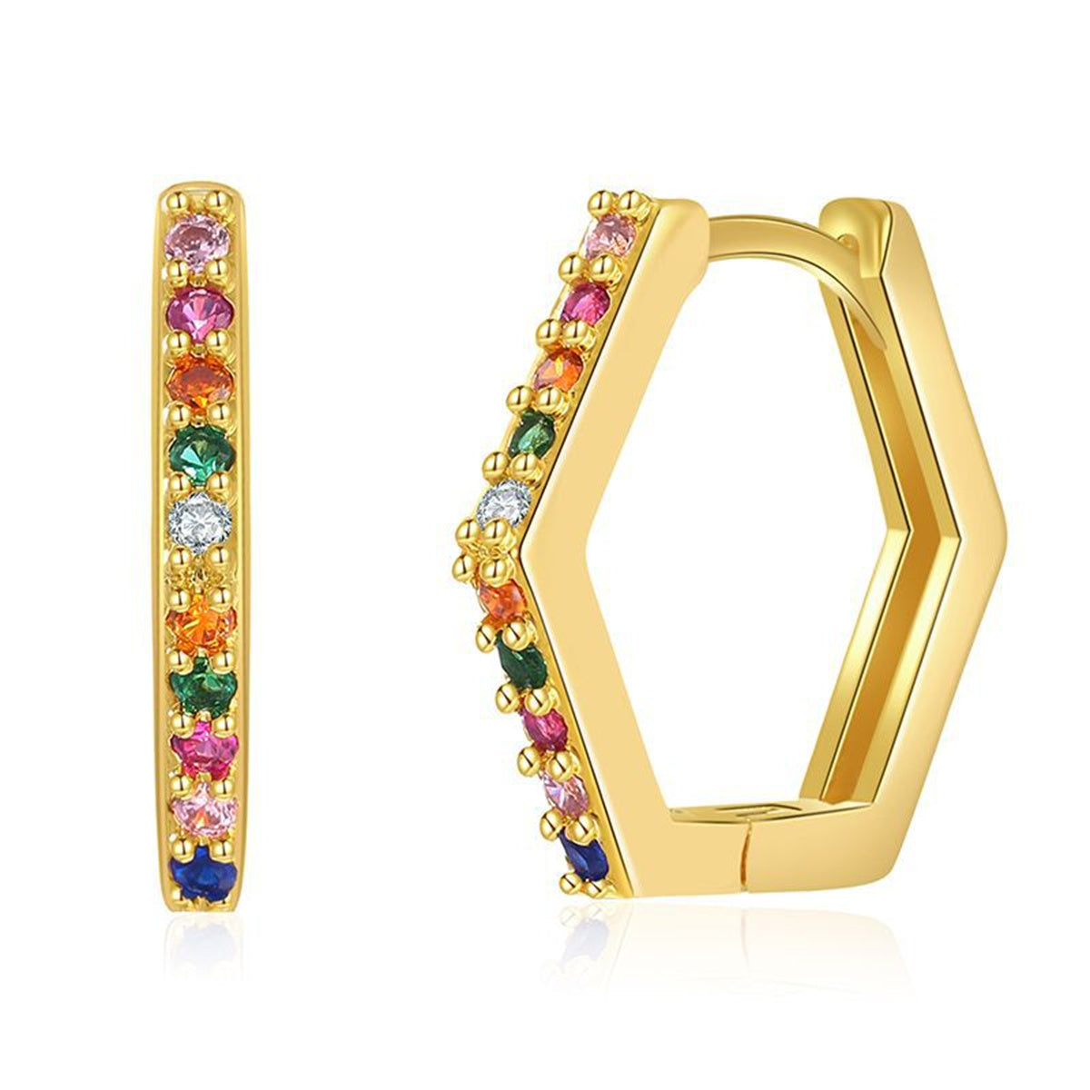 Rainbow Cubic Zirconia & 18K Gold-Plated Pentagon Hoop Earrings
