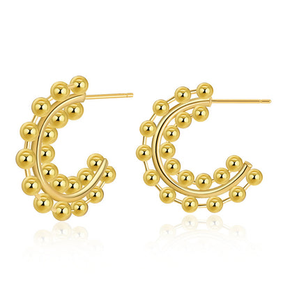 18K Gold-Plated Layered Beaded Huggie Earrings, gold huggie earrings, vintage-inspired design, styled look