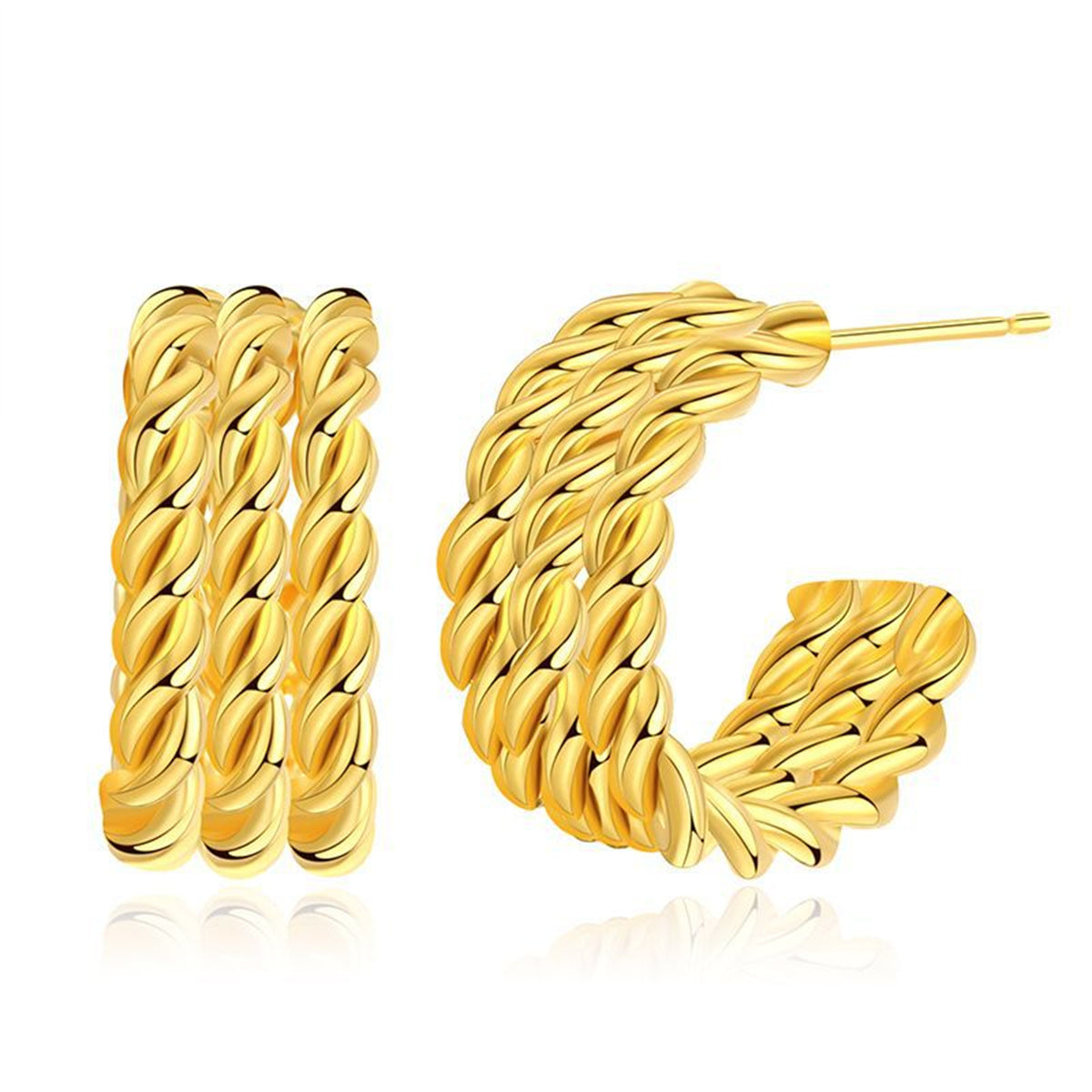 18K Gold-Plated Tri-Twine Huggie Earrings, gold huggie earrings, dainty minimalist design, front view