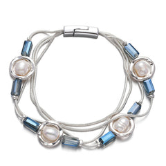 Pearl & Light Blue Acrylic Silver-Plated Layered Beaded Circle Station Bracelet