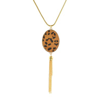 Tan Polyurethane & 18K Gold-Plated Leopard-Print Oval Tassel Pendant Necklace