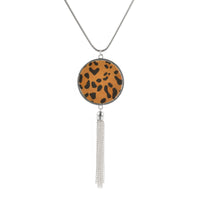 Tan & Silvertone Leopard Round Tassel Pendant Necklace