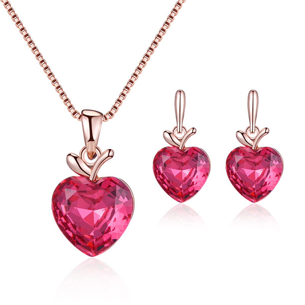 Pink Crystal and 18K Rose Gold-Plated Heart Pendant Necklace Set, rose gold drop earrings for women, side view