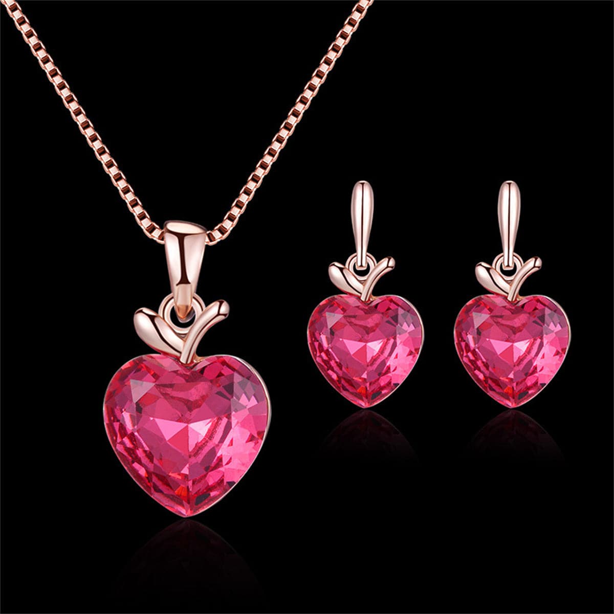 Pink Crystal and 18K Rose Gold-Plated Heart Pendant Necklace Set, rose gold drop earrings for women, detail close-up