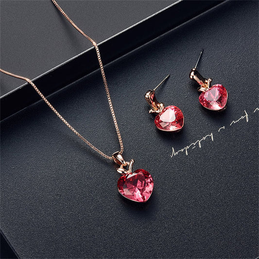 Pink Crystal and 18K Rose Gold-Plated Heart Pendant Necklace Set, rose gold drop earrings for women, front view